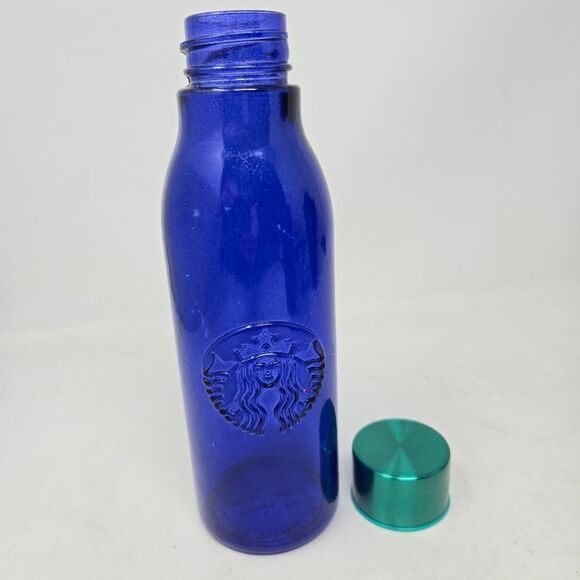 STARBUCKS Cobalt Blue Recycled Glass Water Bottle 20 oz Made in Spain - Picture 5 of 6